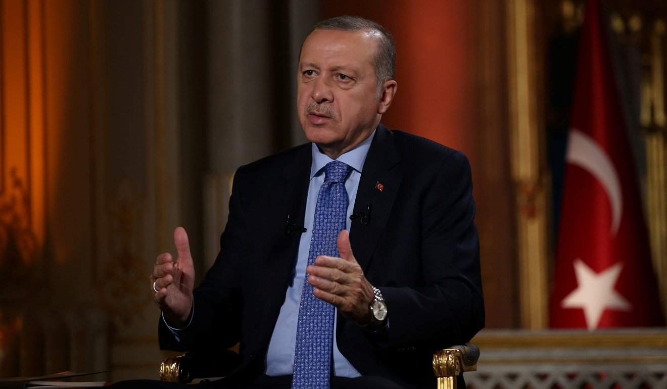 Turkish President Tayyip Erdogan during a live interview with broadcaster NTV in Istanbul on April 21, 2018 floated the possibility of returning the two Greek soldiers if Athens returned the “coup plotters.” Photo: Murat Kula/Presidential Palace/Handout via Reuters