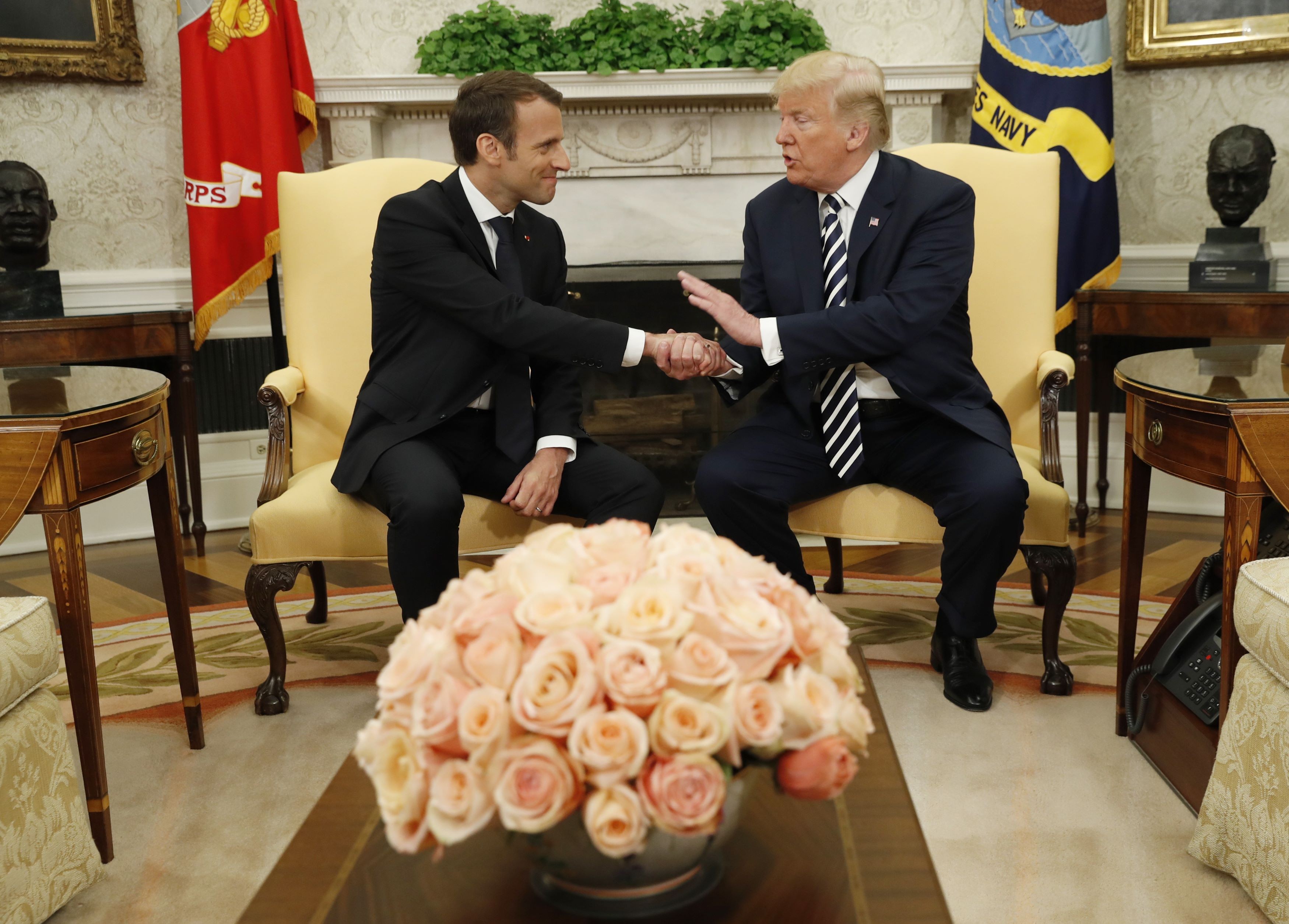 Donald Trump welcomes Emmanuel Macron to the White House on Tuesday. Photo: Reuters