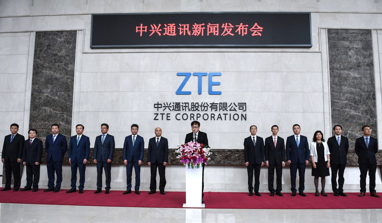 Chinese telecom equipment maker ZTE holds a press conference at its headquarters in Shenzhen on April 20. Photo: Xinhua 