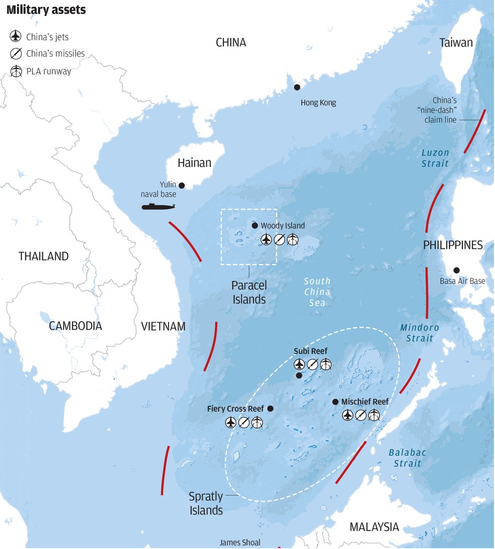 A map showing China’s military assets in the South China Sea (not including the missiles that it is alleged to have installed in the past 30 days), along with the dotted line that China uses to idenfiy what it claims are its territorial waters.  Image: James Shoal