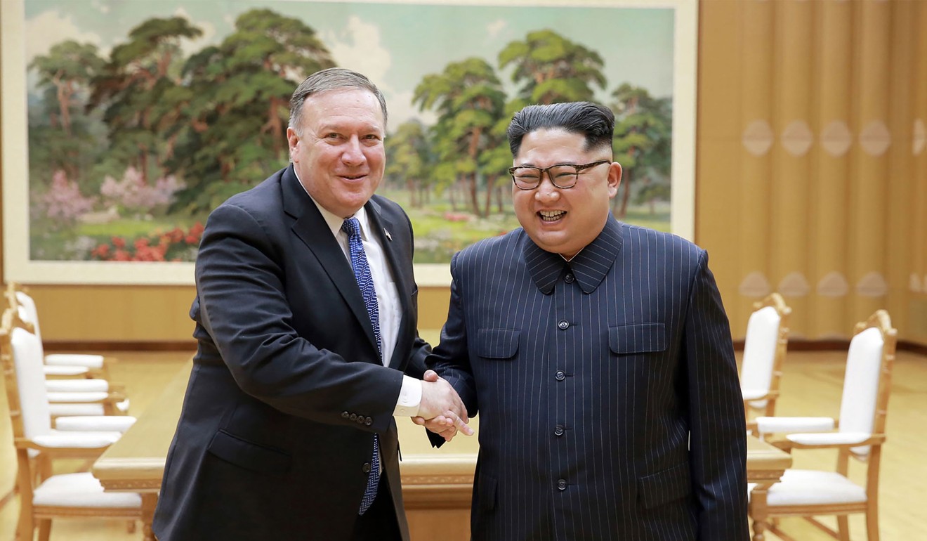 This picture taken on May 9 shows North Korean leader Kim Jong-un meeting US Secretary of State Mike Pompeo at the Workers' Party of Korea headquarters in Pyongyang. Photo: AFP