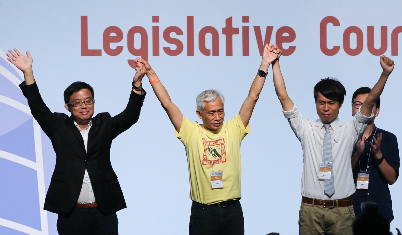 James To, Leung Yiu-chung and Roy Kwong celebrate winning at the 2016 Legislative Council Elections. Photo: Sam Tsang