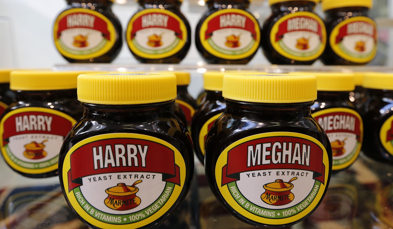 Marmite jars with the names of Harry and Meghan are seen on a supermarket shelf in Windsor, England, on Tuesday. Photo: AP 