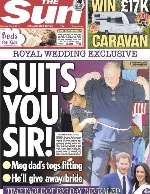 According to TMZ, Thomas Markle regretted working with a photographer and posing for pictures, which included pictures of the retiree getting measured for his wedding suit. Photo: The Sun