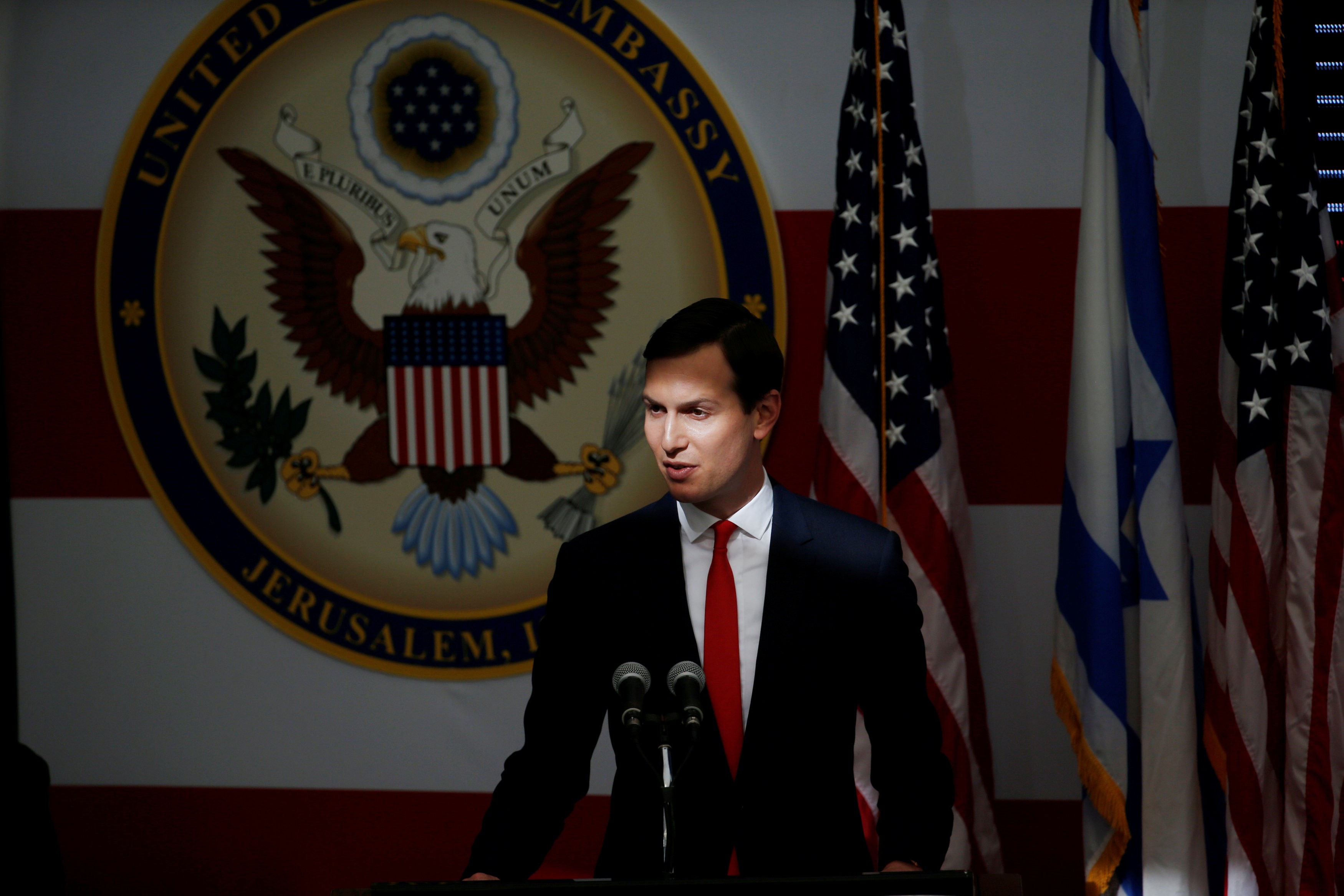 White House Senior Adviser Jared Kushner speaking during the dedication ceremony of the new US embassy in Jerusalem on Monday, in his capacity as US President Trump’s Middle East point man. Kushner’s family is reportedly getting a business that is linked to the Qatari government to bail it out of a difficult real estate deal. Photo: Reuters