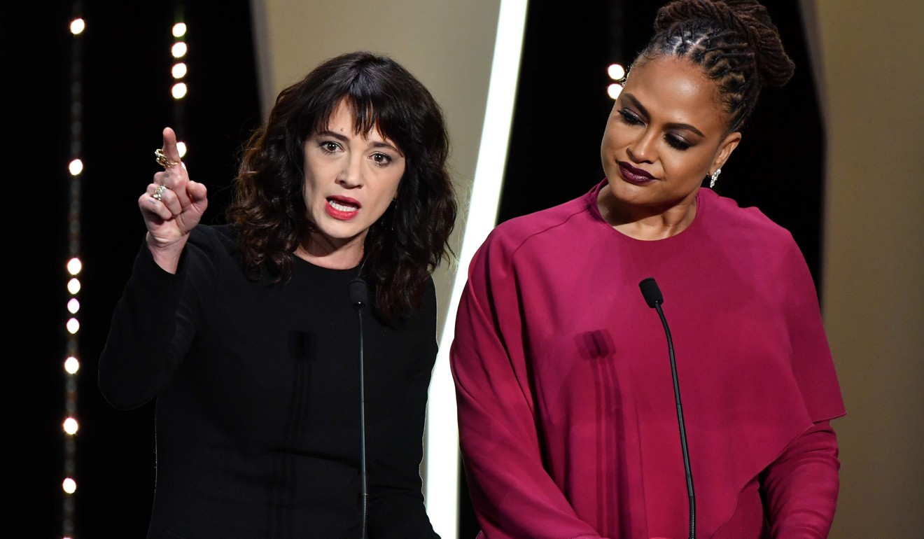 Italian actress Asia Argento speaks on stage with US director and screenwriter and member of the Feature Film Jury Ava DuVernay. Photo: AFP