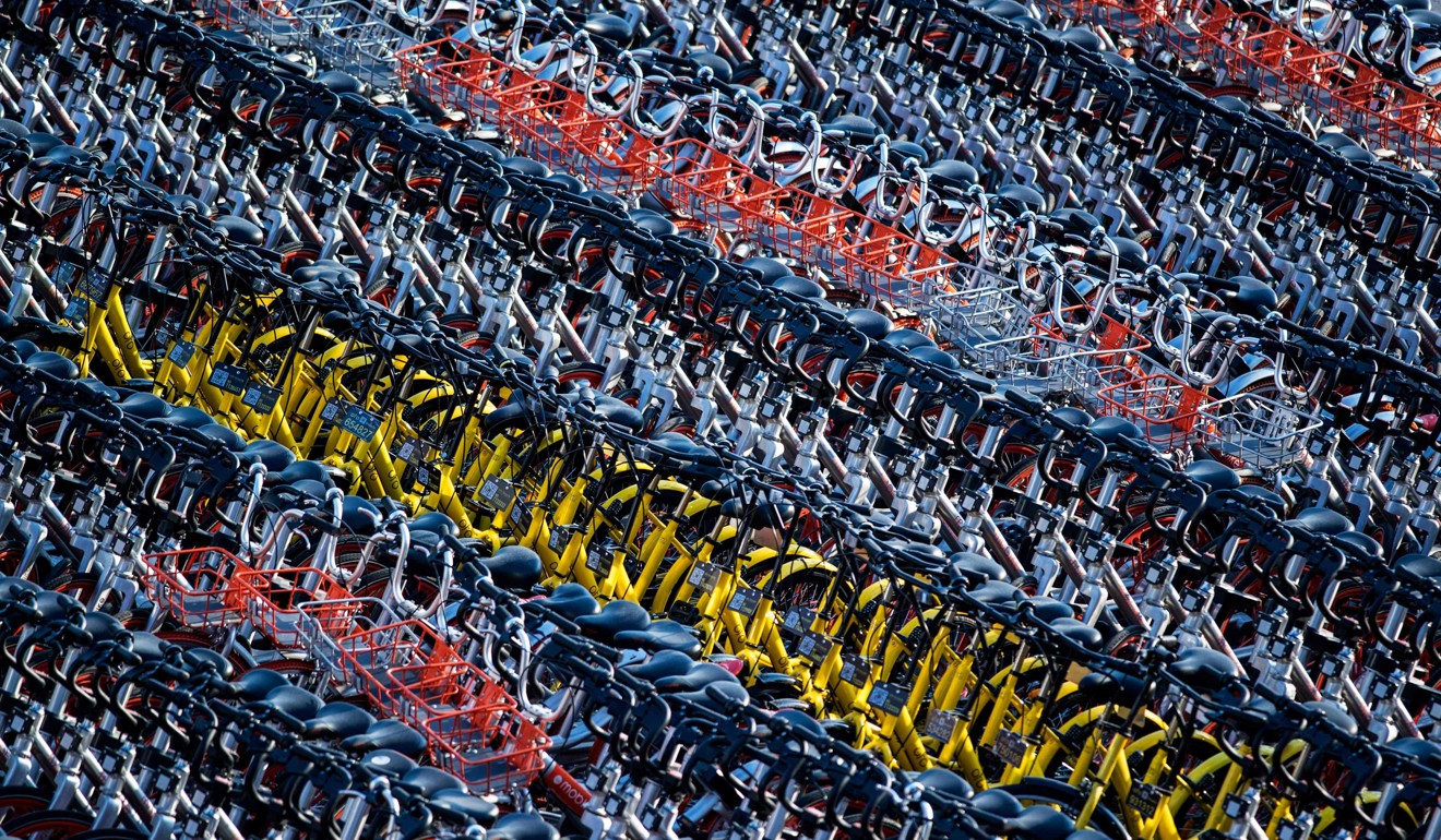 Impounded bicycles from the bike-sharing schemes Mobike and Ofo in Shanghai. Photo: AFP