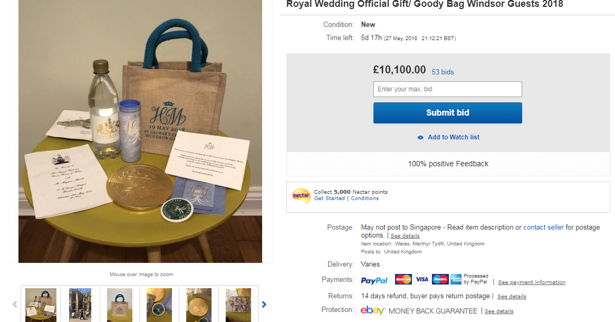 A screenshot of an eBay listing of a royal wedding gift bag. Photo: eBay