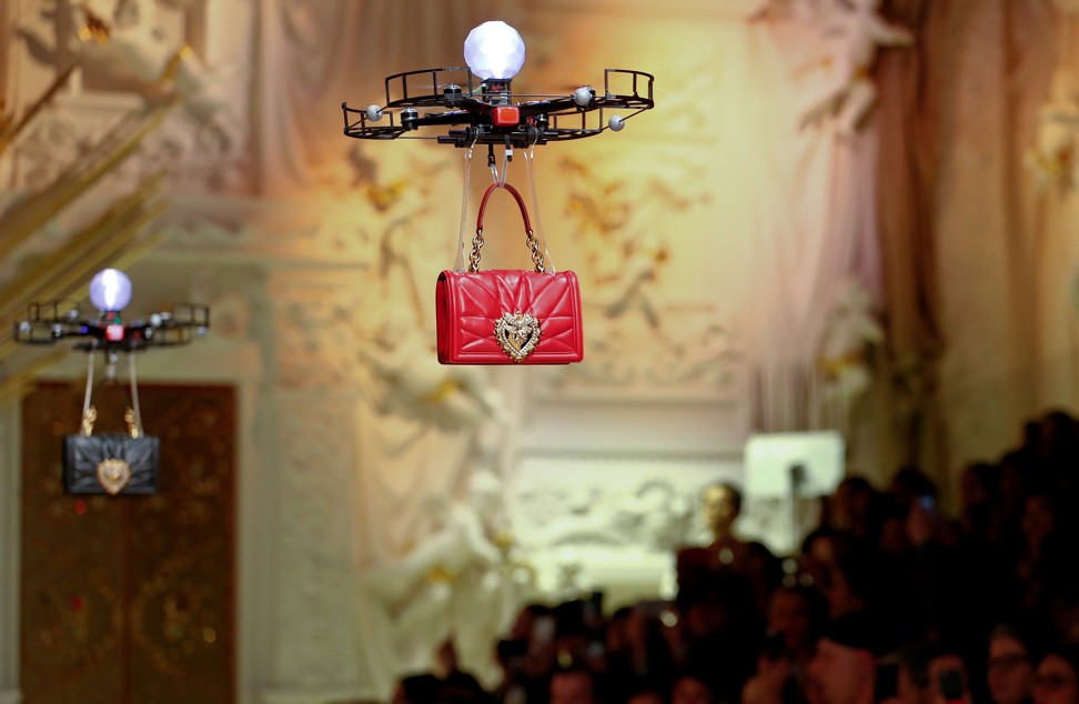 Drones carry bags, the creations from the Dolce & Gabbana autumn/winter 2018 women's collection during February’s Milan Fashion Week in Italy. Photo: Reuters