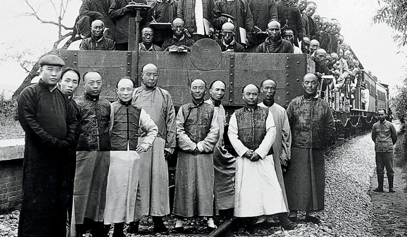 Railway engineer Zhan Tianyou (front, third from right) and his colleagues at the Beijing-Zhangjiakou railway, in 1909, are pictured on the cover of China Pictorial magazine’s July 2009 issue. Picture: Imaginechina