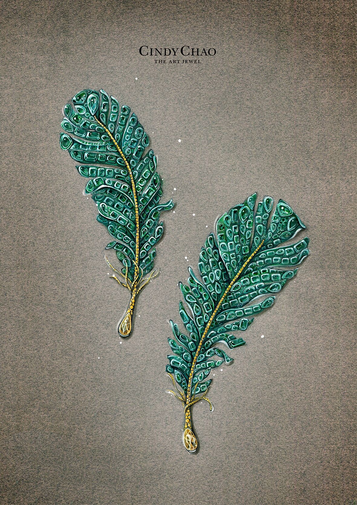 Sketches of emerald feather brooches from CINDY CHAO The Art Jewel