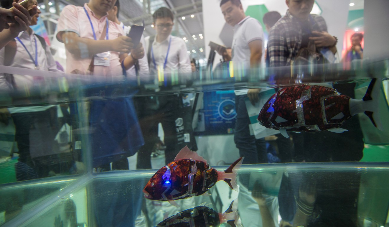 Robotic fish swim in a pool during the China Hi-Tech Fair in Shenzhen, in November 2016. Shenzhen has rapidly gained a reputation as a centre for innovation. Photo: Reuters