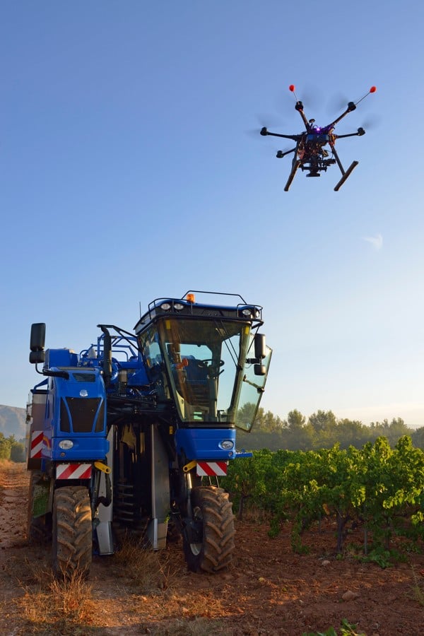 A drone keeps track of the grape harvest in the Cotes du Rhone, France. Photo: Alamy