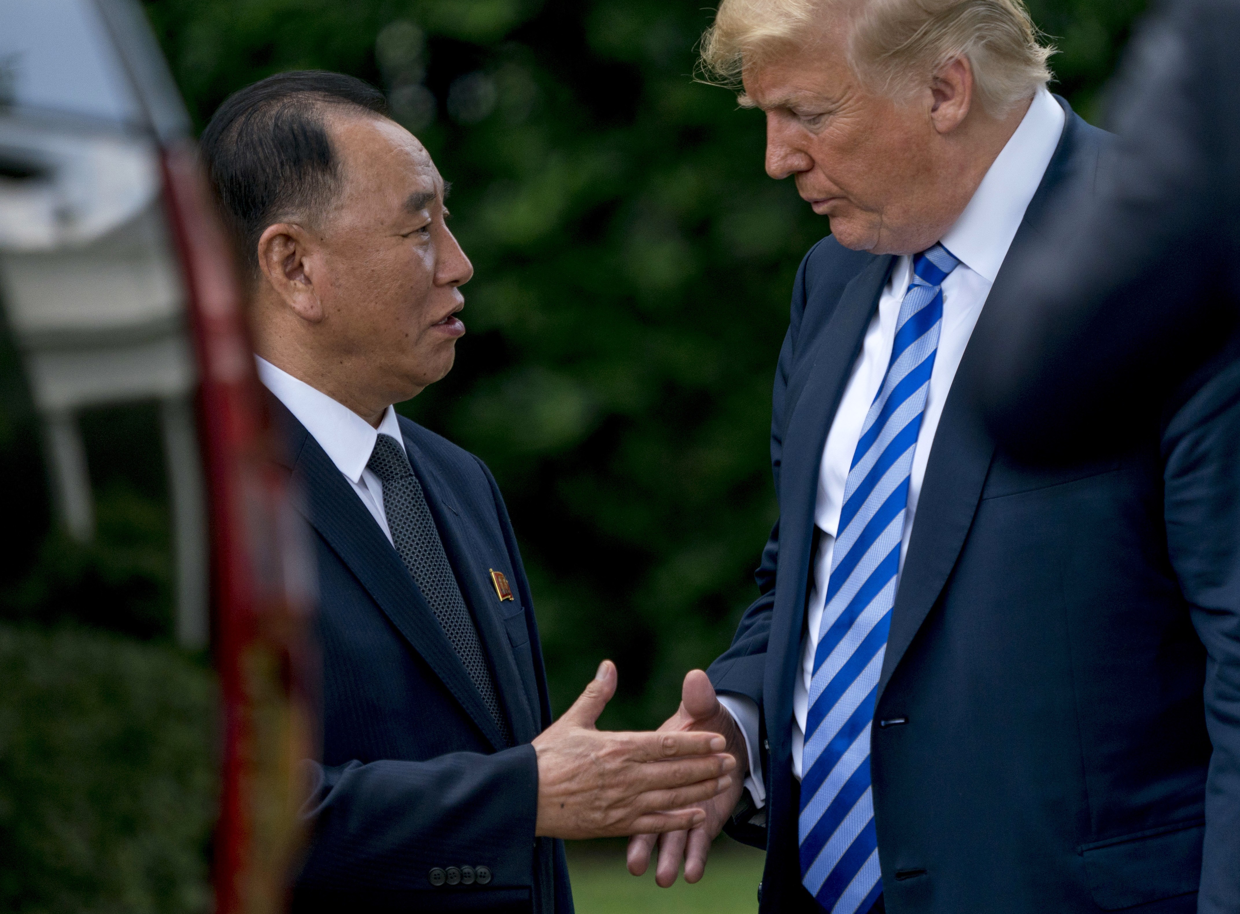US President Donald Trump shakes hands with Kim Yong-chol, former North Korean military intelligence chief and one of leader Kim Jong-un’s closest aides, after their meeting at the White House in Washington on June 1. Trump is scheduled to meet Kim Jong-un in Singapore on June 12, but how the question of denuclearisation will be resolved is still unclear. Photo: AP