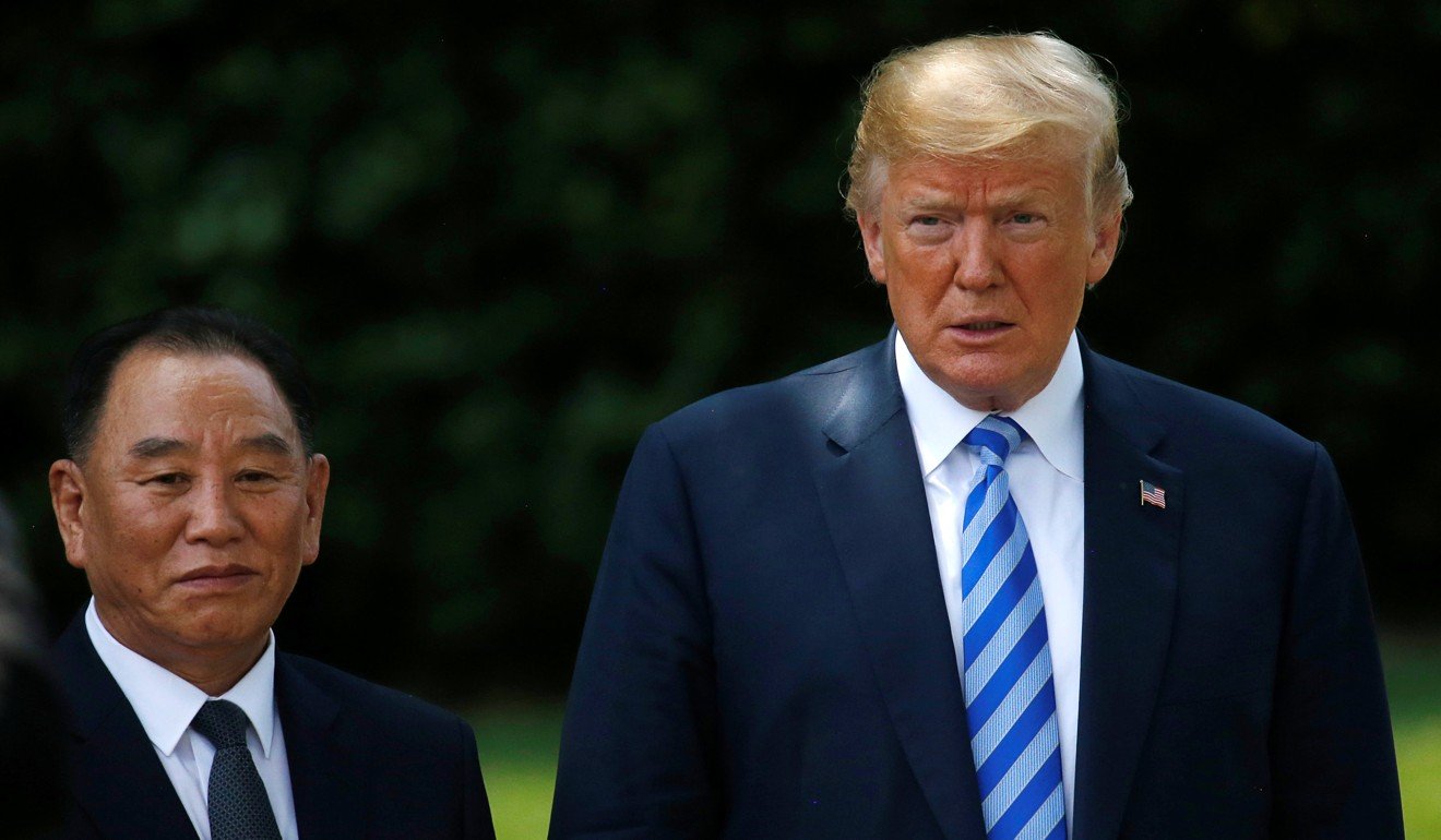 North Korea's envoy Kim Yong-chol poses with US President Donald Trump for a photo before departing after a meeting at the White House on Friday. Photo: Reuters