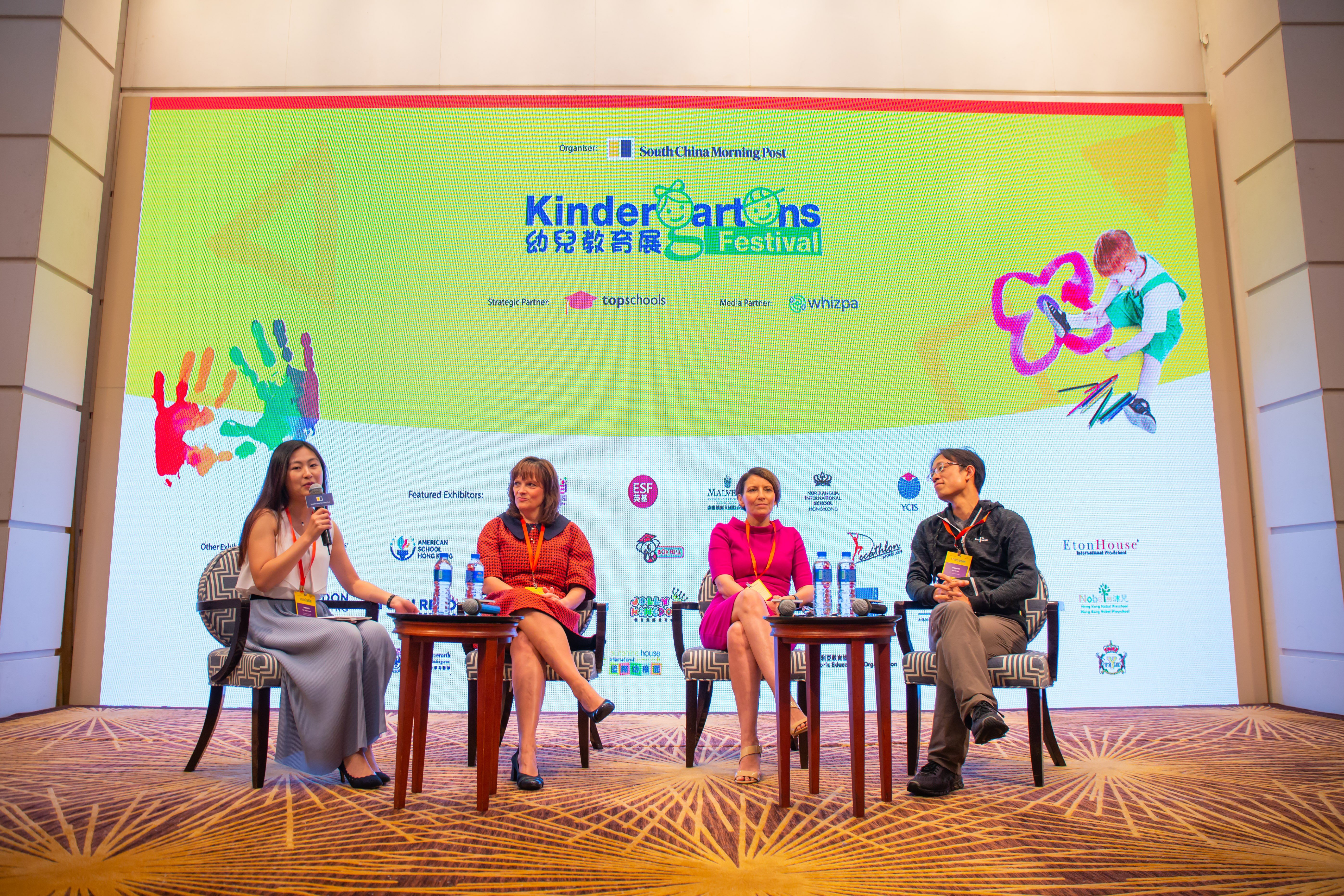 A panel discussion at SCMP Kindergartens Festival involving, from left: Sophia Lam, assistant education editor, SCMP; Joanne Mallary, assistant principal, American School Hong Kong; Dr Helen Kelly, lower school principal, Canadian International School of Hong Kong; and Yat Siu, founder and CEO, Outblaze.