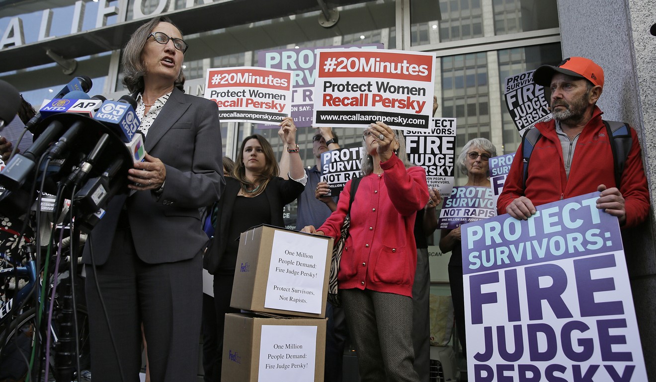 Stanford law professor Michele Dauber speaks at a 2016 rally calling for the removal of Judge Aaron Persky from the bench in California. Photo: AP