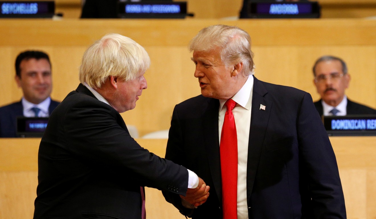 US President Donald Trump shakes hands with British Foreign Secretary Boris Johnson as they take part in a session on reforming the United Nations at UN Headquarters in New York in September 2017. Photo: Reuters