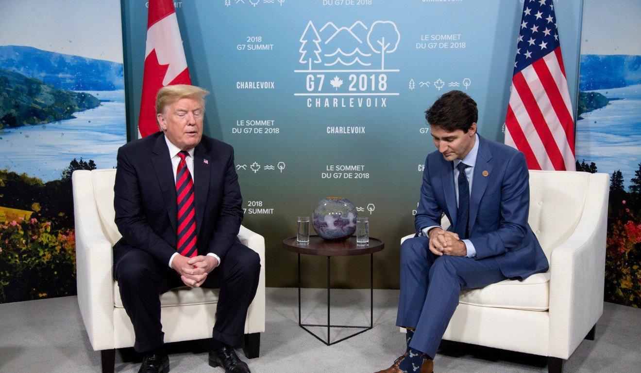 US President Donald Trump meets Canadian Prime Minister Justin Trudeau during the G7 Summit in the Charlevoix town of La Malbaie, Quebec, on June 8, just days before animosity between the two leaders stole the headlines. Photo: Reuters