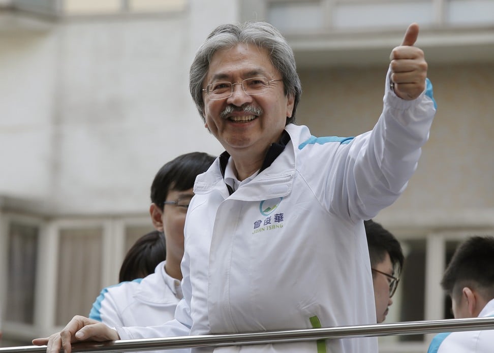 John Tsang during an election rally for the post of Hong Kong chief executive last year. Tsang is the city’s longest serving financial secretary, and held office for a decade until 2017. Photo: AP