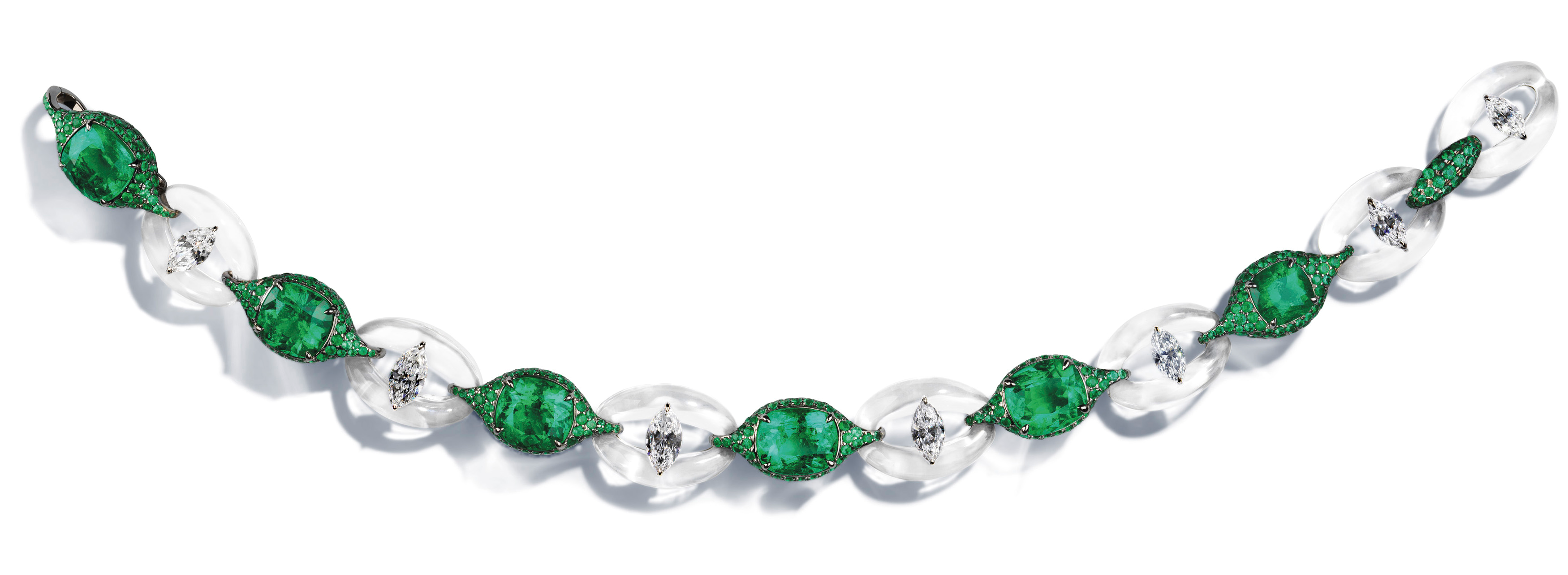 Chopard. This 18ct white gold bracelet is set with six cushion-shaped cushions emeralds, diamonds and quartz. Price on request