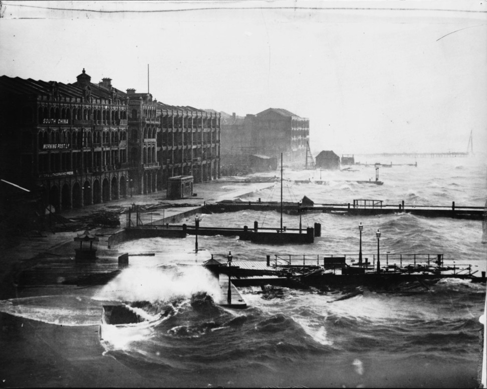 The original South China Morning Post building on the waterfront in Central is seen here during the 1906 typhoon.
