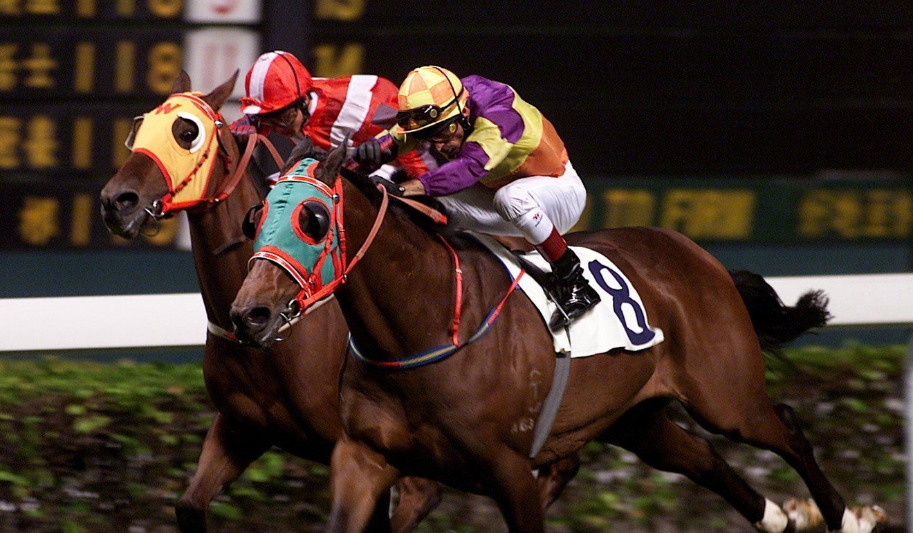 Robbie Fradd on Bobo Duck (horse 8) wins race eight at Happy Valley on November 6, 2001. The HK$100 million jackpot that night was the biggest the city had seen. Picture: SCMP
