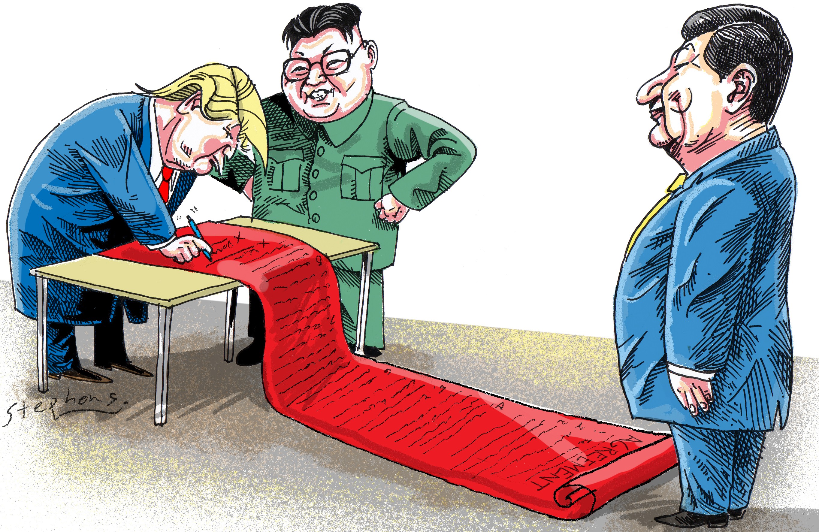 Trump, yielding to Kim at the summit, appeared totally unaware of the gift he was bestowing not just on the North Korean leader but on Xi, whom he praised as his “good friend”. Illustration: Craig Stephens