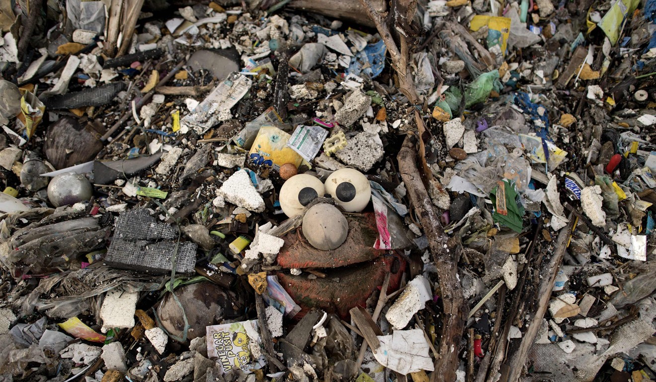 This photo taken on May 19 shows a stuffed toy of the Sesame Street character “Elmo” surrounded by plastic waste on a beach on the Freedom island critical habitat and eco-tourism area near Manila. Photo: AFP