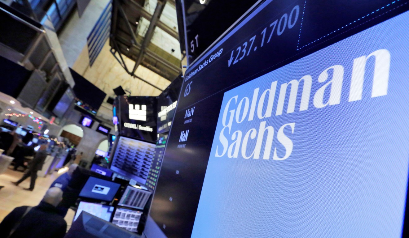 The logo for Goldman Sachs on a trading post on the floor of the New York Stock Exchange. Photo: AP