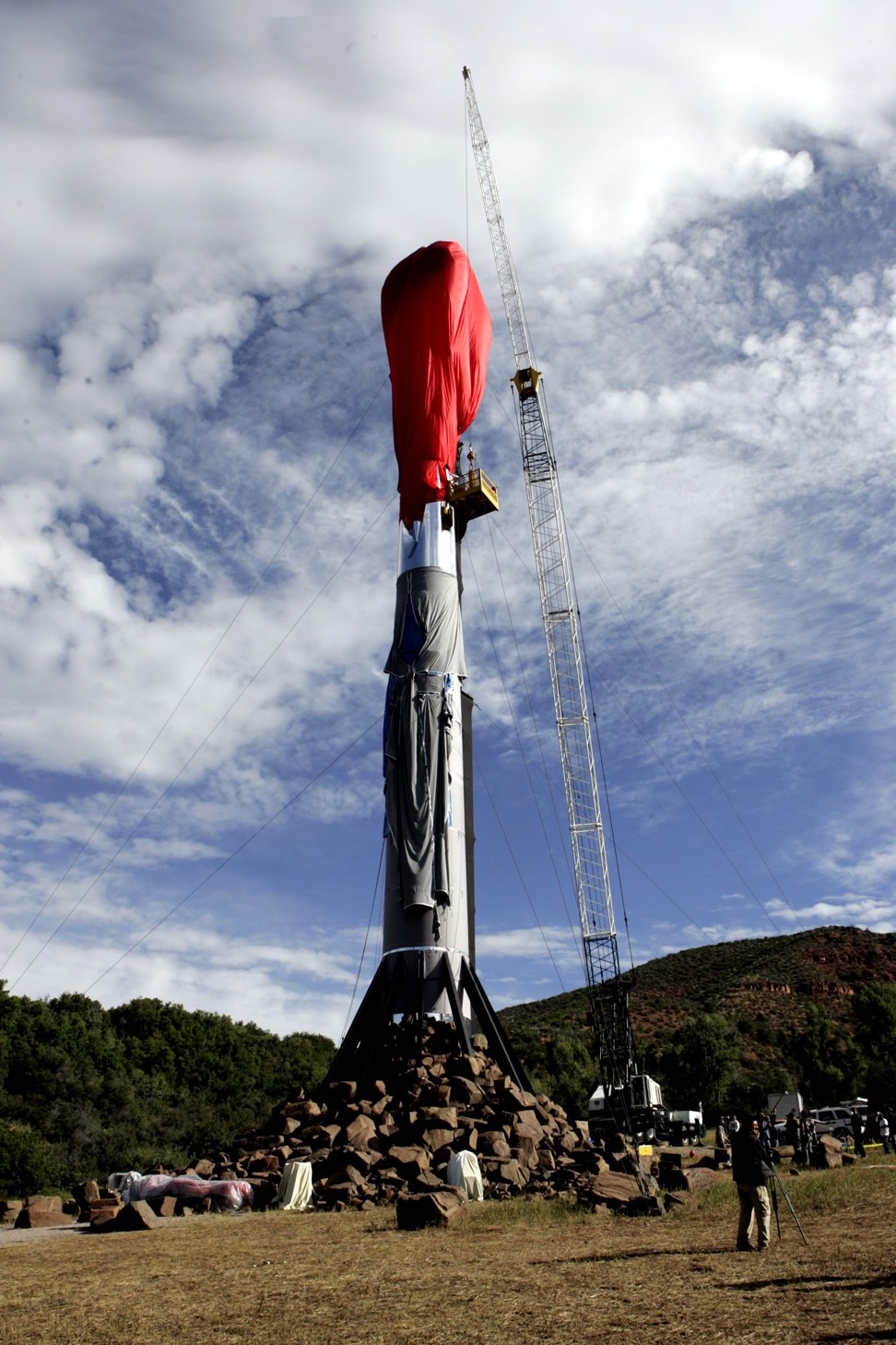 Workers put the finishing touches on a memorial rocket to journalist Hunter S. Thompson. Photo: AP