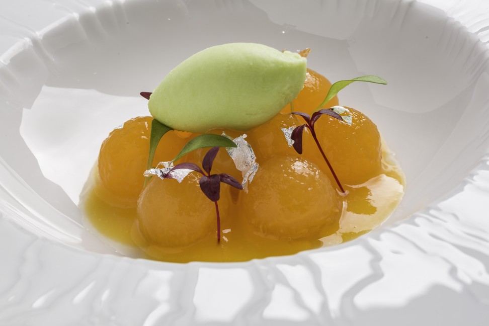 Takumi's gluten free Hokkaido melon with Sauternes wine, basil sorbet.