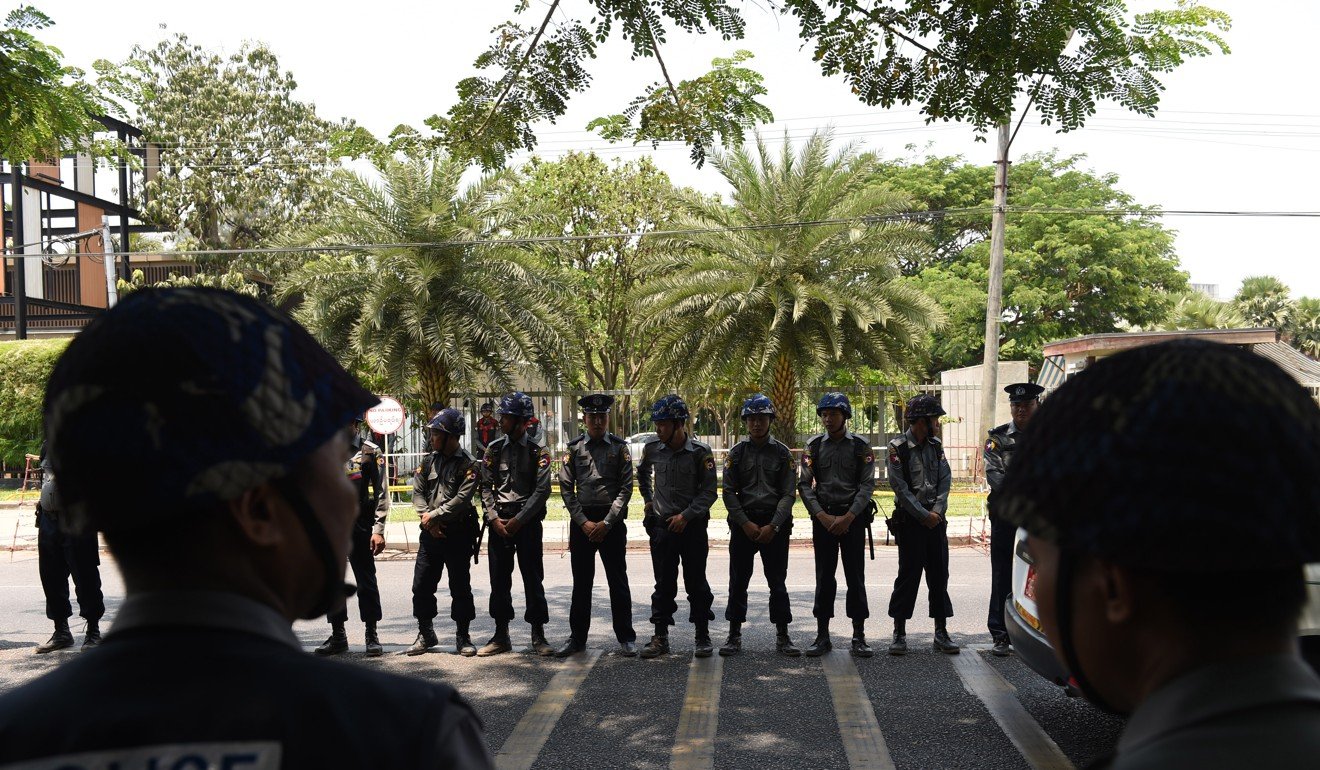 Myanmar police guard the US embassy during a rally by supporters of the hardline Buddhist group MaBaTha in Yangon. Photo: AFP