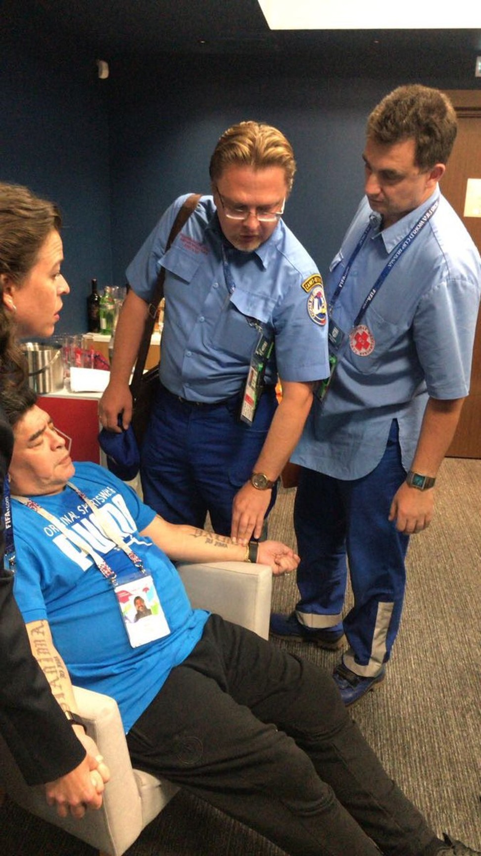 Diego Maradona is helped by paramedics after the Argentina match. Photo: Twitter