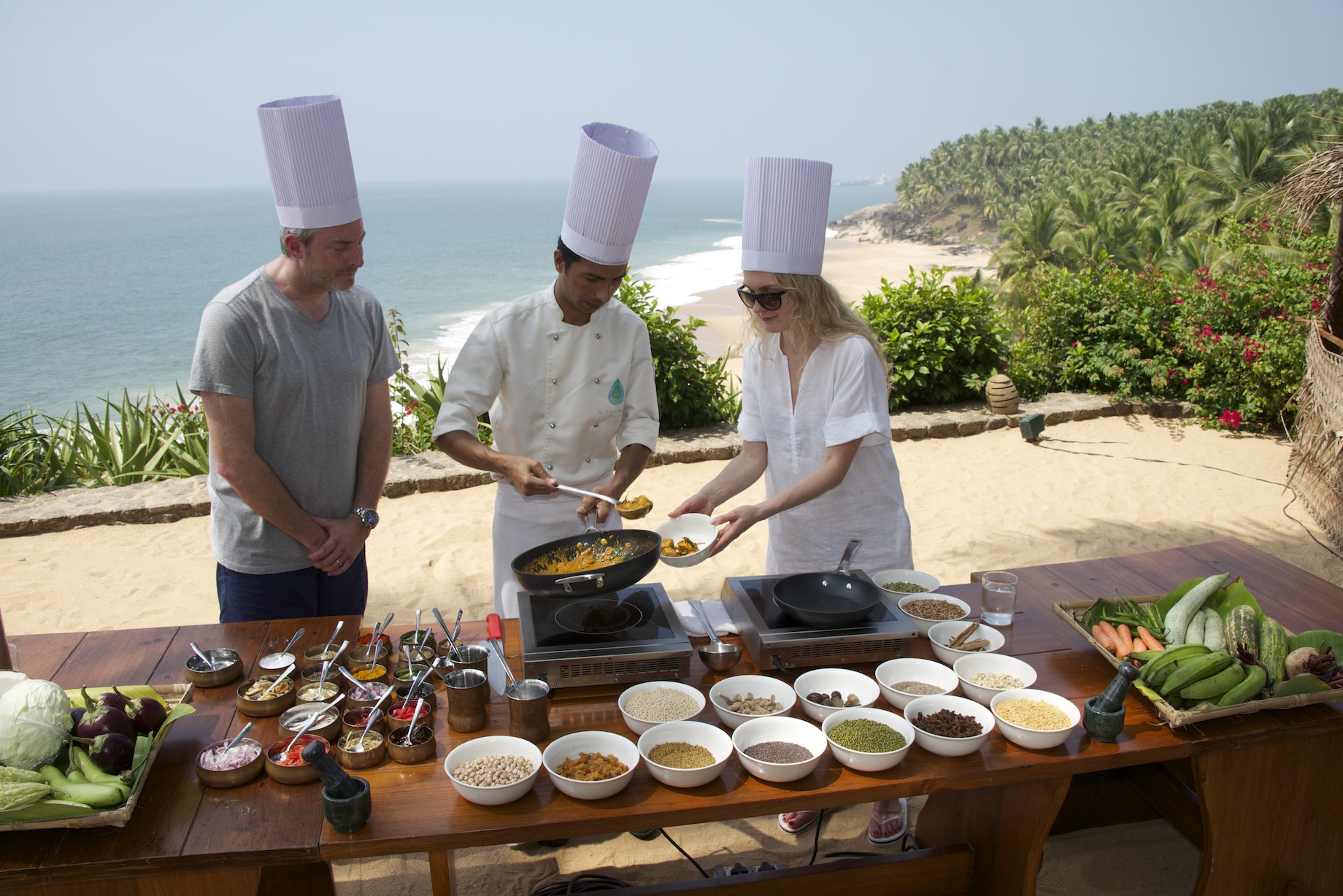 A cooking class at the cliff-top Niraamaya Surya Samudra in Kerala.