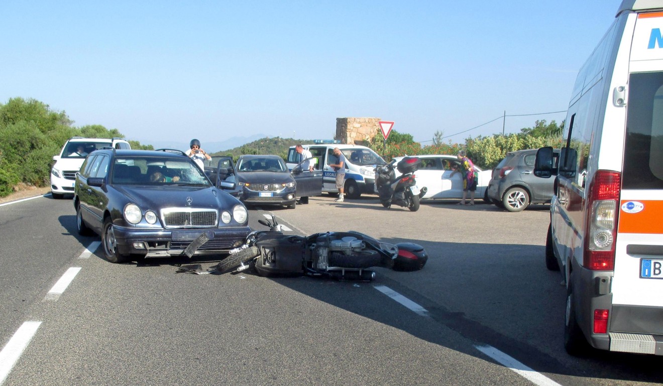 A handout photo made available by the local police of Olbia shows the site of a road accident involving US actor George Clooney on Sardinia. Photo: EPA-EFE