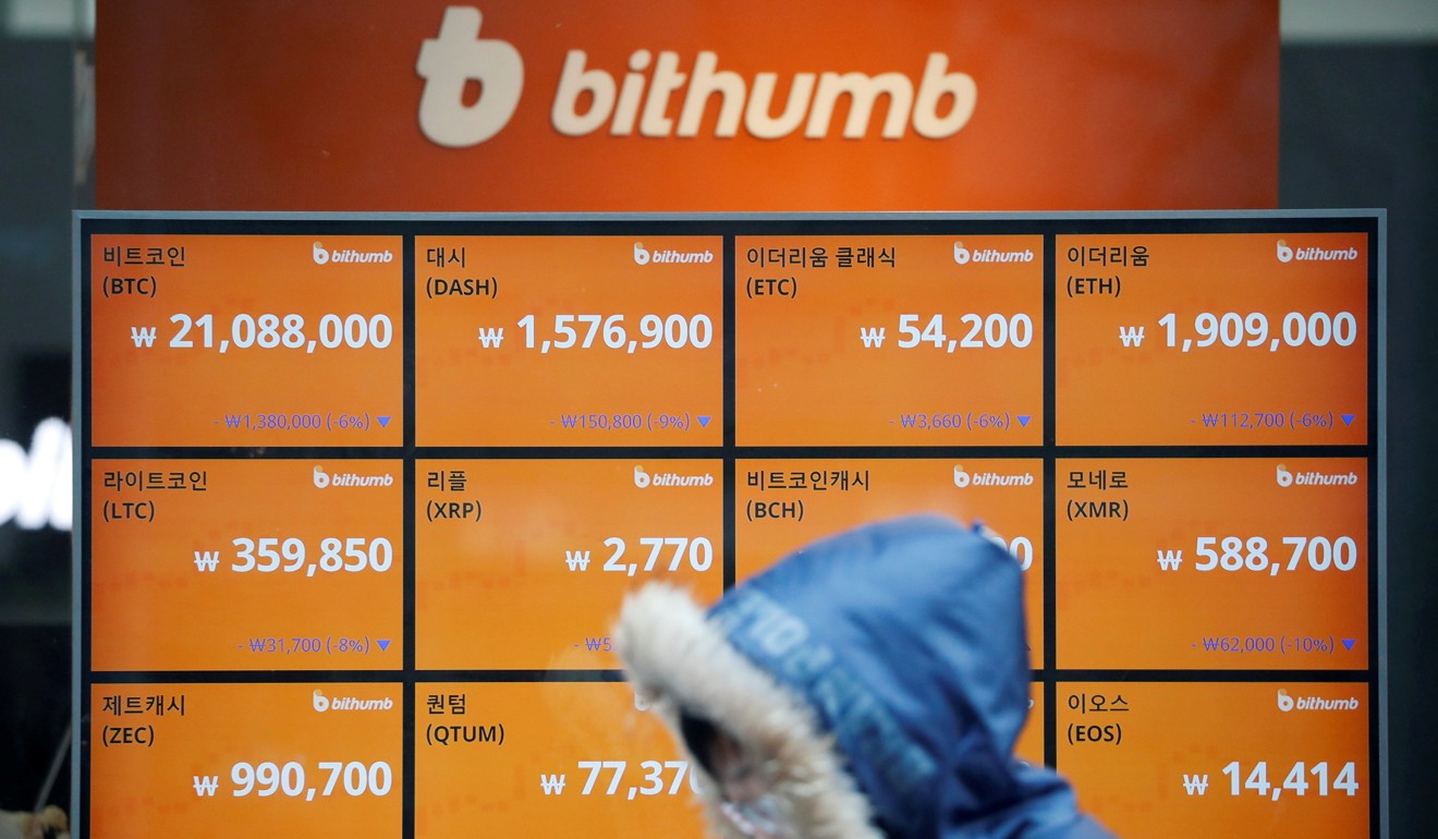 An electronic board shows exchange rates for various cryptocurrencies at the Bithumb exchange in Seoul. The crypto-exchange was hacked in June 2018. Photo: Reuters