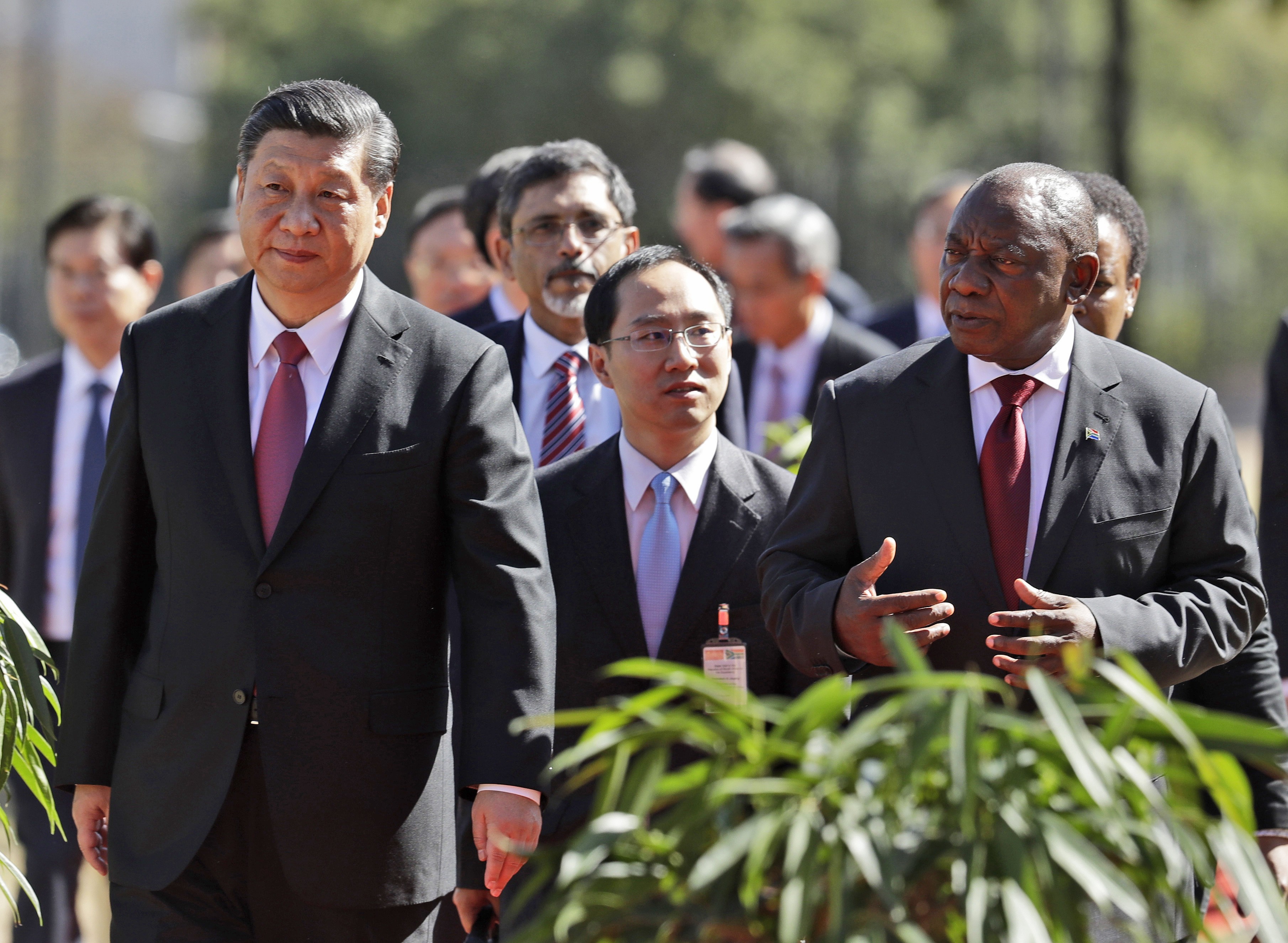 China’s President Xi Jinping (left) walks with South African President Cyril Ramaphosa after a joint press conference at the government’s Union Buildings in Pretoria, South Africa, on July 24. Xi is in the country to attend the three-day BRICS Summit in Johannesburg. Photo: AP