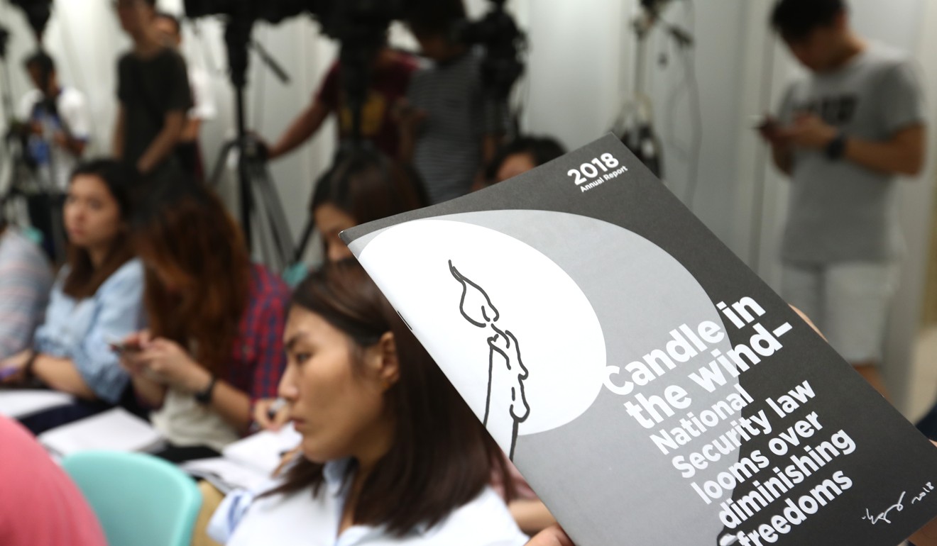 Hong Kong Journalists Association released its report “Candle in the wind – national security law looms over diminishing freedoms” on Sunday. Photo: Nora Tam