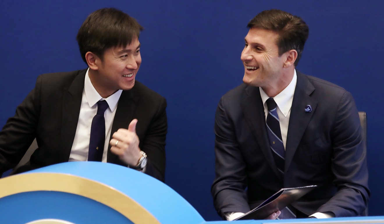 Inter Club Hong Kong president, Louis Liu and Javier Zanetti share a joke during the press conference. Photo: Jonathan Wong