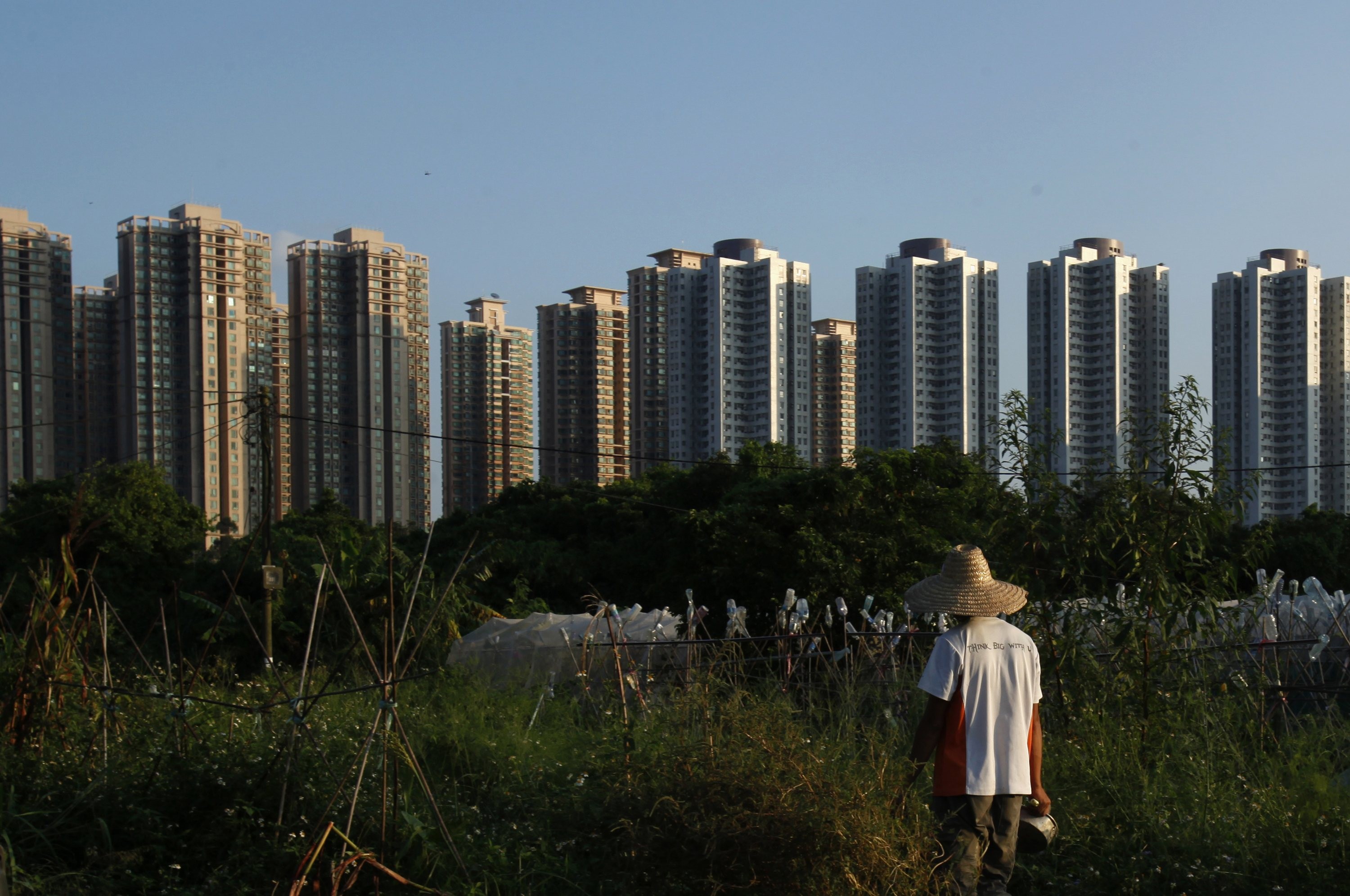 A New Territories resident stands at his farm in front of high-rise residential buildings. Photo: Reuters