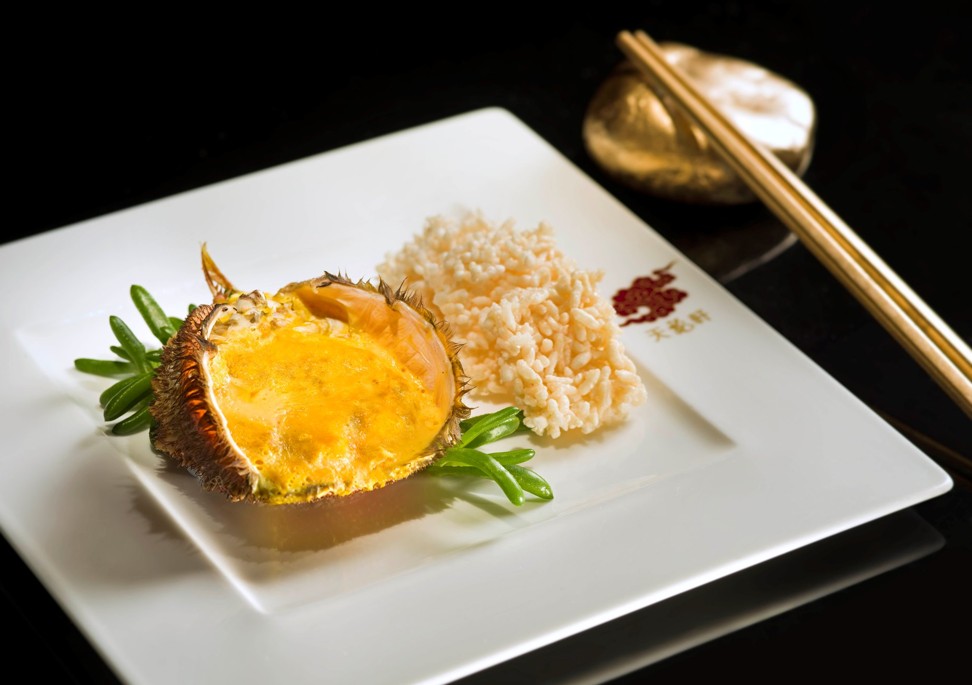 Steamed crab roe served with rice cracker is one of the highlights of Tin Lung Heen’s six-course tasting menu featuring Hokkaido horsehair crab at The Ritz-Carlton in Kowloon.