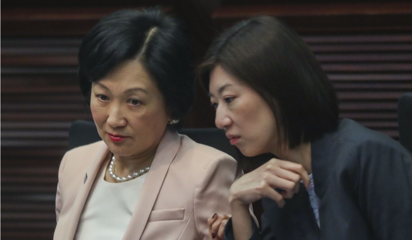 Lawmakers Regina Ip (left) and Eunice Yung (right), both of the New People’s Party, attend the meeting of House Committee at the Legislative Council in Tamar. Photo: Winson Wong