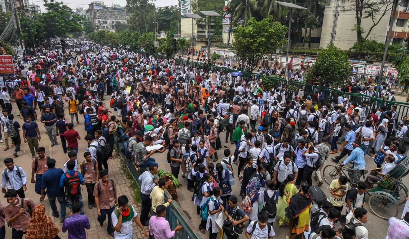 Bangladeshi students blocking a road during the student protest in Dhaka. Photo: AFP