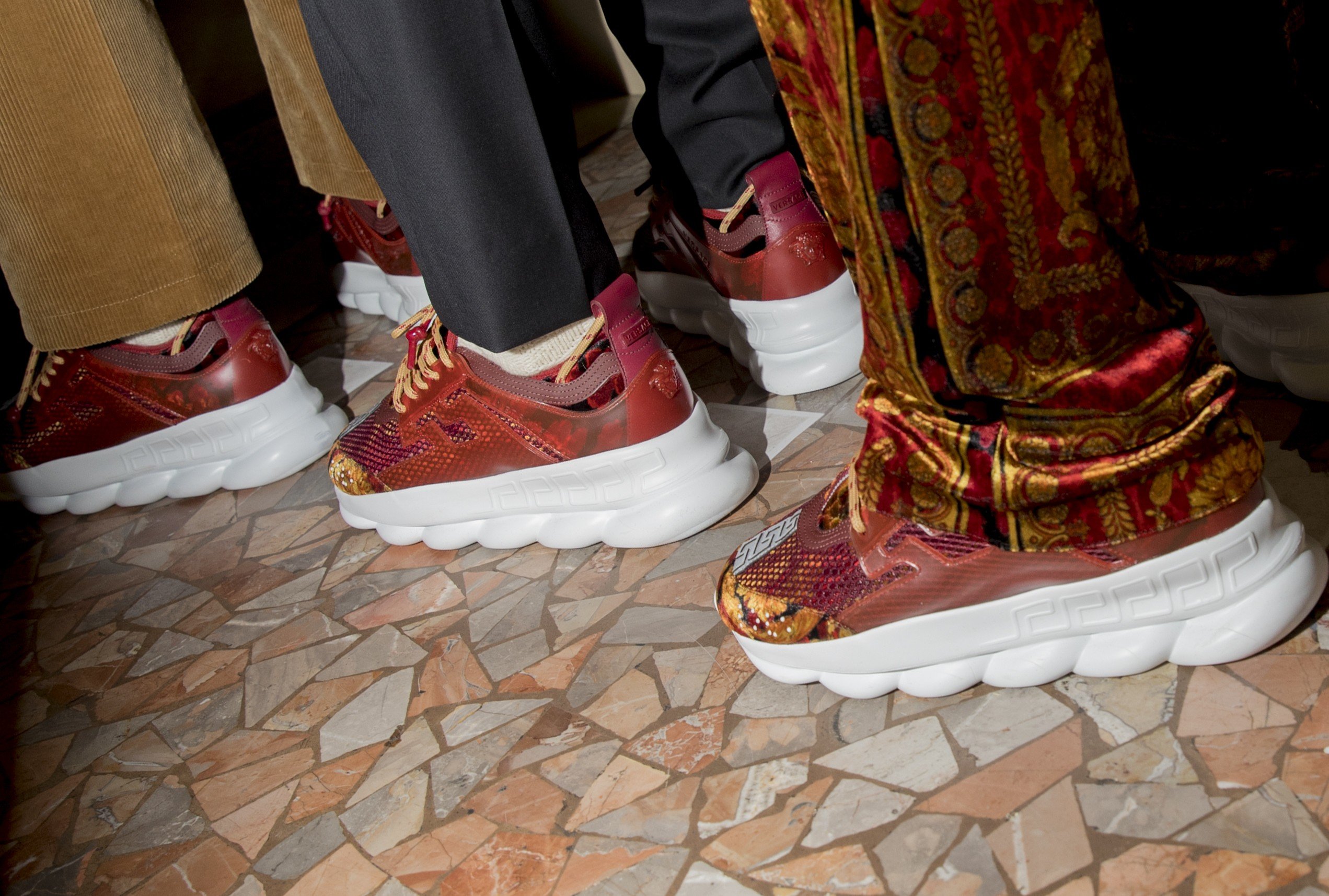 Versace Chain Reaction dad sneakers being modelled at the brand’s autumn-winter 2018 show. Photo: Marina Losa/ShakEatUp