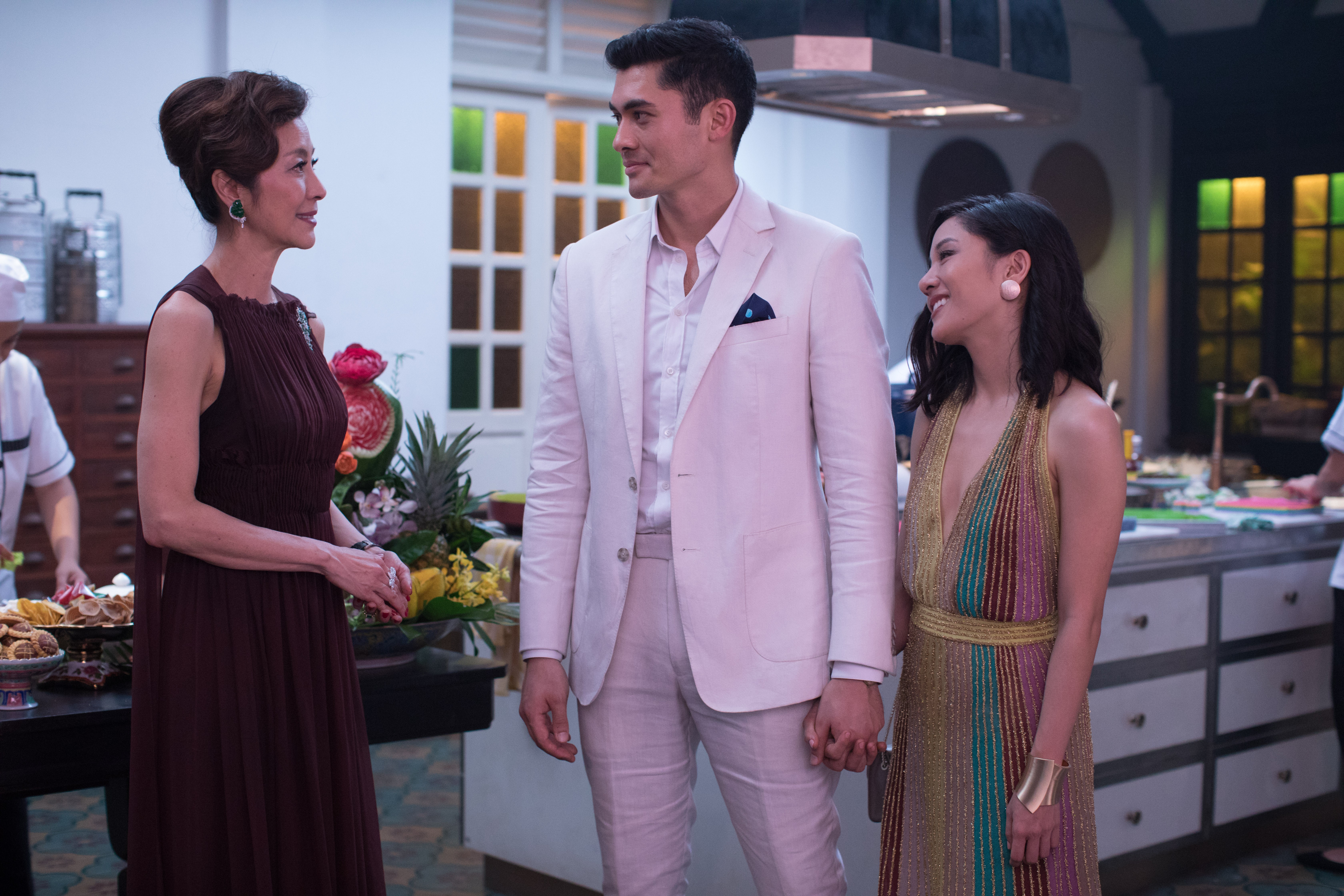 Veteran Malaysian actress Michelle Yeoh (left), also stars in the movie alongside Henry Golding and Constance Wu.