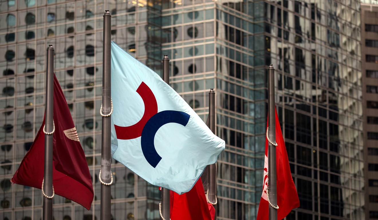 The flag of the Hong Kong Exchanges and Clearing flies outside Exchange Square in Central Hong Kong. Photo: EPA