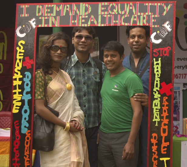 A transgender person (left) with supporters at the Civilian Welfare Foundation stand at the Rainbow Pride Festival in Kolkata demanding equal rights in health care. Photo: Civilian Welfare Foundation