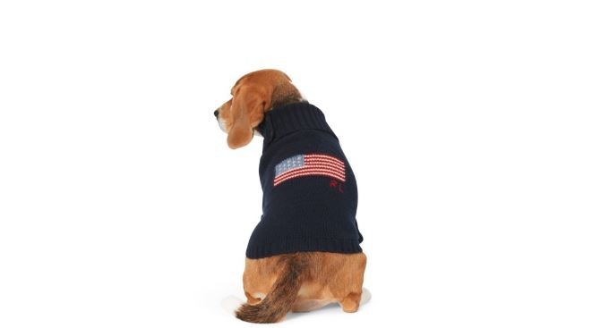 Ralph Lauren. This cosy wool and cashmere dog jumper was inspired by the brand’s iconic flag jumper. The canine version has the historical Stars and Stripes at the back. Price on request