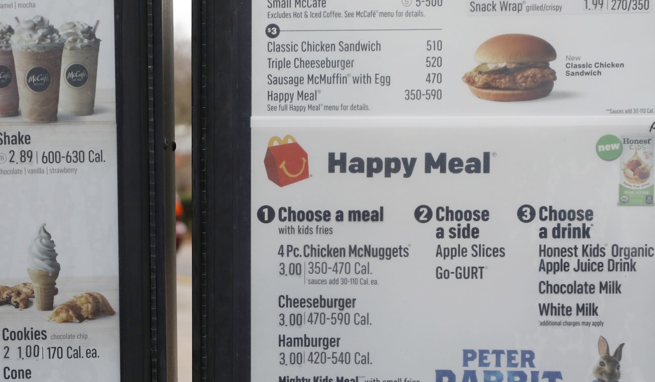 A McDonald’s restaurant menu in Ridgeland, Mississippi in February, just before the company stopped including cheeseburgers and chocolate milk in its Happy Meal menu in an effort to cut down on the calories, sodium, saturated fat and sugar that kids consume at its restaurants. Photo: AP